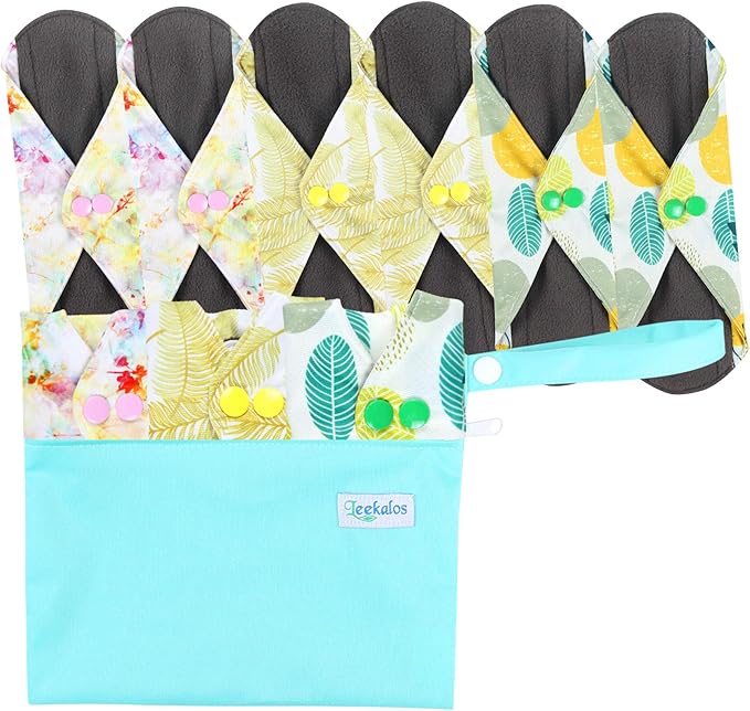 Leekalos Reusable Menstrual Pads - Bamboo Menstrual Cloth Pads | Light Incontinence Pads | Reusable Sanitary Pads - Pack of 6, 1 Cloth Mini Wet Bag