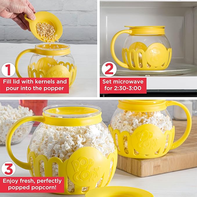 Ecolution Patented Micro-Pop Microwave Popcorn Popper with Temperature Safe Glass, 3-in-1 Lid Measures Kernels and Melts Butter, Made Without BPA, Dishwasher Safe, 1.5-Quart, Yellow