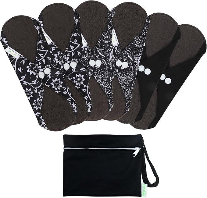 wegreeco Reusable Menstrual Pads - Reusable Sanitary Pads | Reusable Panty Liners | Soft Cloth Menstrual Pads - 6 Pack with 1 Cloth Wet Bag (X-Large, Black Flowers)