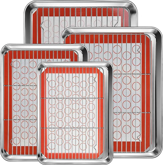 Baking Sheet Pan Set of 12, CEKEE Stainless Steel Cookie Sheets for Baking with Cooling Rack Silicone Baking Mat, Small/Quarter/Jelly Roll Pan, 9/10/12/16 Inch, Heavy Duty & Non Toxic & Easy Clean