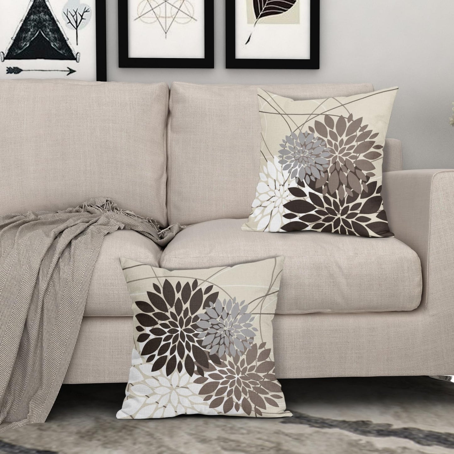 Dark Brown Flower Pillow Covers 18x18 Grey Gray White Dahlia Floral Spring Decorative Throw Pillows Farmhouse Outdoor Seasonal Decor for Home Sofa Bed Couch Modern Square Cushion Cases, Set of 2
