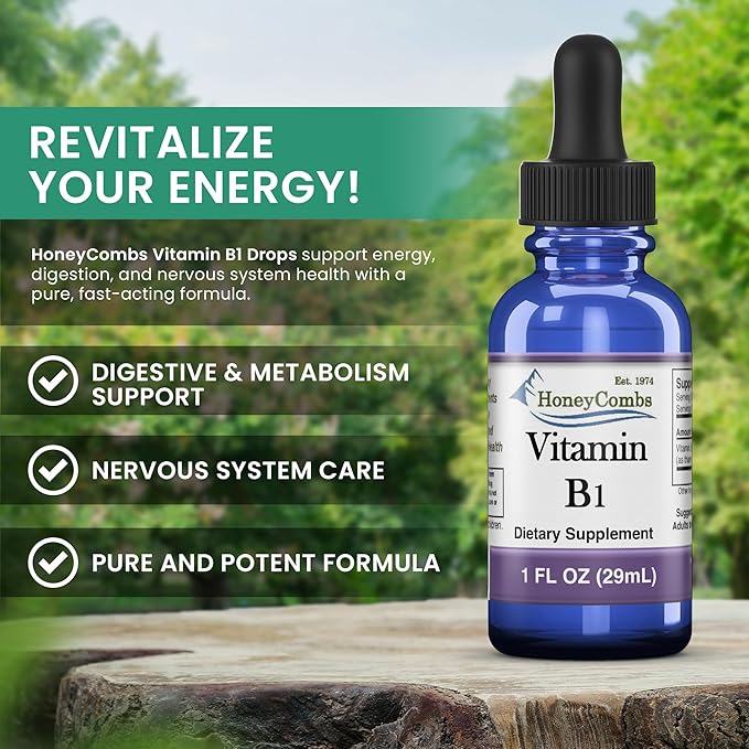 HoneyCombs Vitamin B1 Supplement (Thiamine) Liquid Drops - High Potency Thiamine B1 Supplement for Men & Women - Maintain Nervous System, Energy & Overall Health - Vegan Liquid B Vitamins (1 Fl oz)