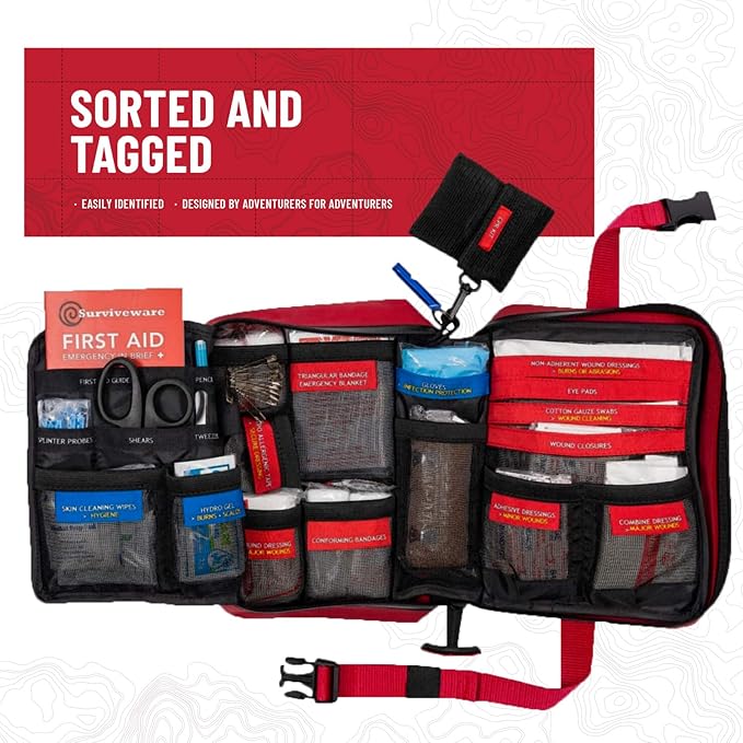 Surviveware Waterproof Premium Survival First Aid Kit - Survival Emergency Preparedness for Travel Camping Gear, Survival Kit and Outdoor Emergencies - HSA & FSA Eligible Survival Kit
