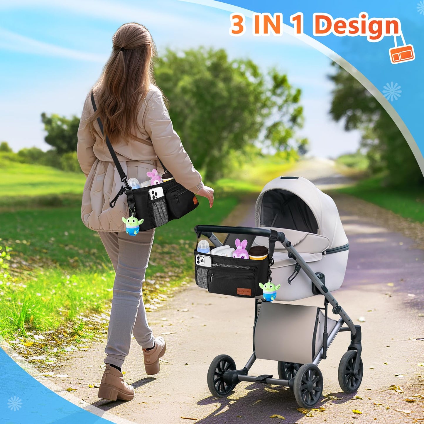Guiseapue Universal Stroller Organizer with Cup Holder: Baby Travel Essential, Stroller Caddy with Shoulder Strap, Stroller Accessories Fit Uppababy, Baby Jogger Doona, Nuna, Britax, BOB Stroller