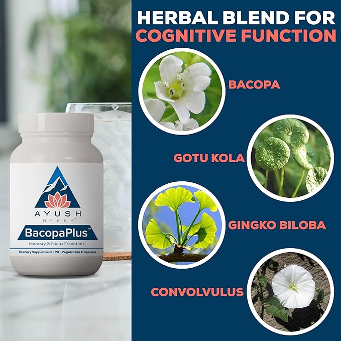 Ayush Herbs BacopaPlus - Bacopa Supplements, Organic Bacopa for Memory & Focus, Cognitive Support Pill for Adults with Ginkgo, Gotu Kola, Ashwagandha - 90 Vegetarian Capsules (1 Count)
