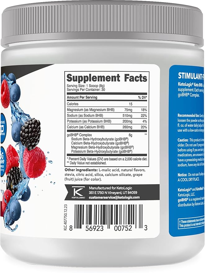 Ketologic Keto BHB (Mixed Berry Flavor) 30 Servings - Exogenous Ketone Supplement with goBHB, Beta-Hydroxybutyrate Salts