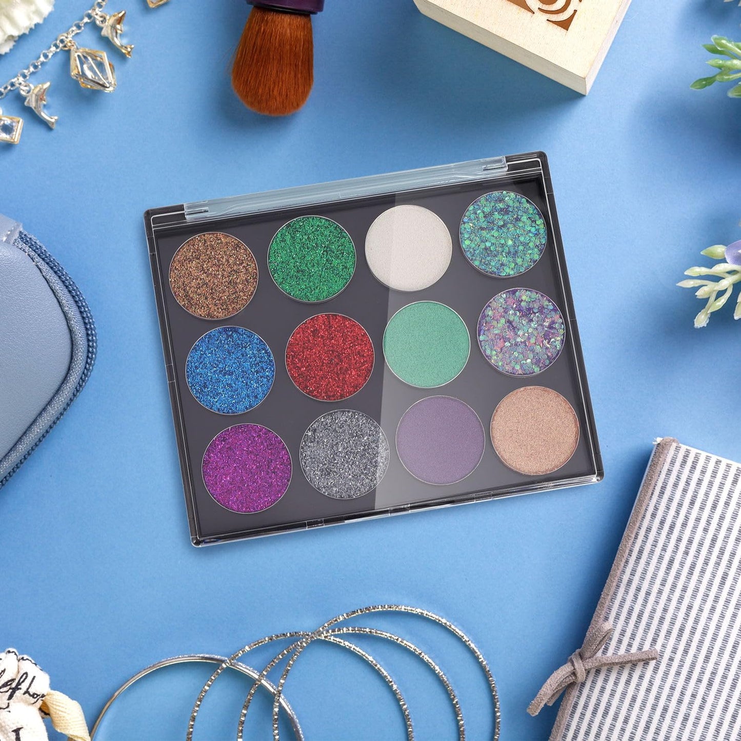 Magnetic Makeup Palette with Clear Top, Empty Eyeshadow Storage Box with 40Pcs Adhesive Metal Stickers for DIY Cosmetics Bronzer Highlights Powder (Small Palette - 4.8" x 4")