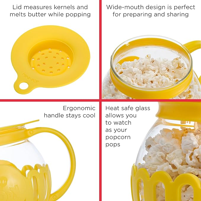 Ecolution Patented Micro-Pop Microwave Popcorn Popper with Temperature Safe Glass, 3-in-1 Lid Measures Kernels and Melts Butter, Made Without BPA, Dishwasher Safe, 1.5-Quart, Yellow