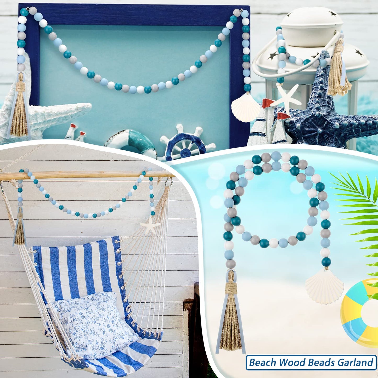 2 Pcs Farmhouse Seashell Bead Garland with Tassels Decorative Beads Decor Nautical Farmhouse Tiered Tray Decorations Set Coastal Garland for Home and Kitchen, Wooden Beads