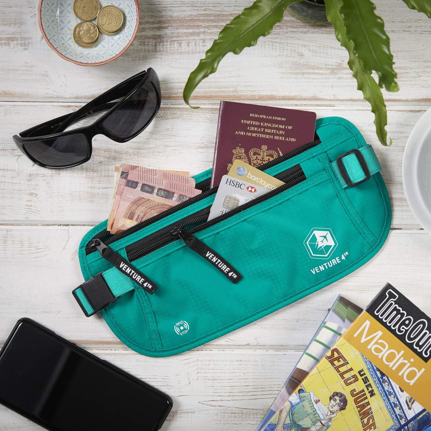 VENTURE 4TH Travel Money Belt - Slim Passport Holder RFID Blocking Travel Pouch to Protect Cash, Credit Cards and Travel Documents (Turquoise)