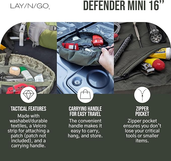 Lay-n-Go Defender Tactical Bag for Gear - Multifunctional Lay-Flat Military Tactical Travel Sack w/Zippered & Mesh Pockets - Water-Resistant, Machine-Washable Utility Tool Bag (16", Combat Green)