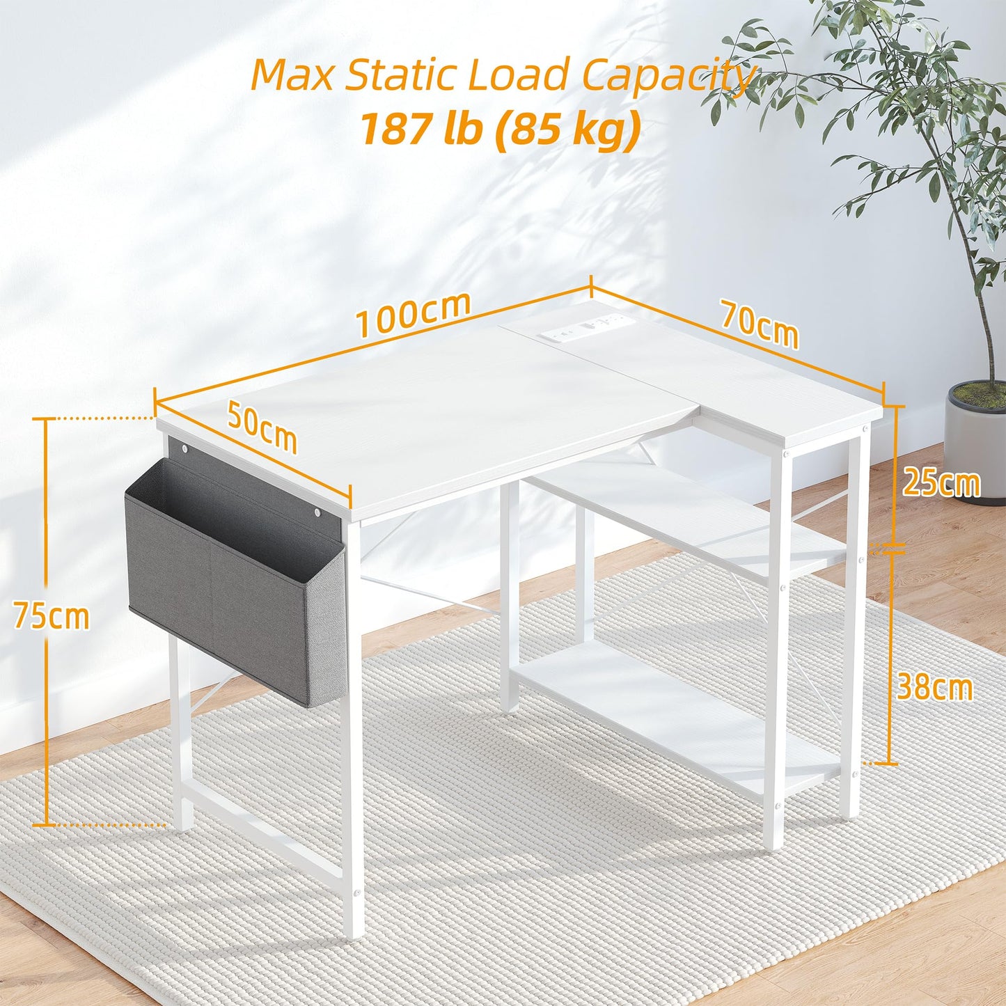 TIQLAB Small Computer Desk with Power Outlets, 40 Inch L Shaped Desk with Reversible Shelves, Gaming Desk Corner Desk Study Writing Desk for Home Office Bedroom Small Space, White