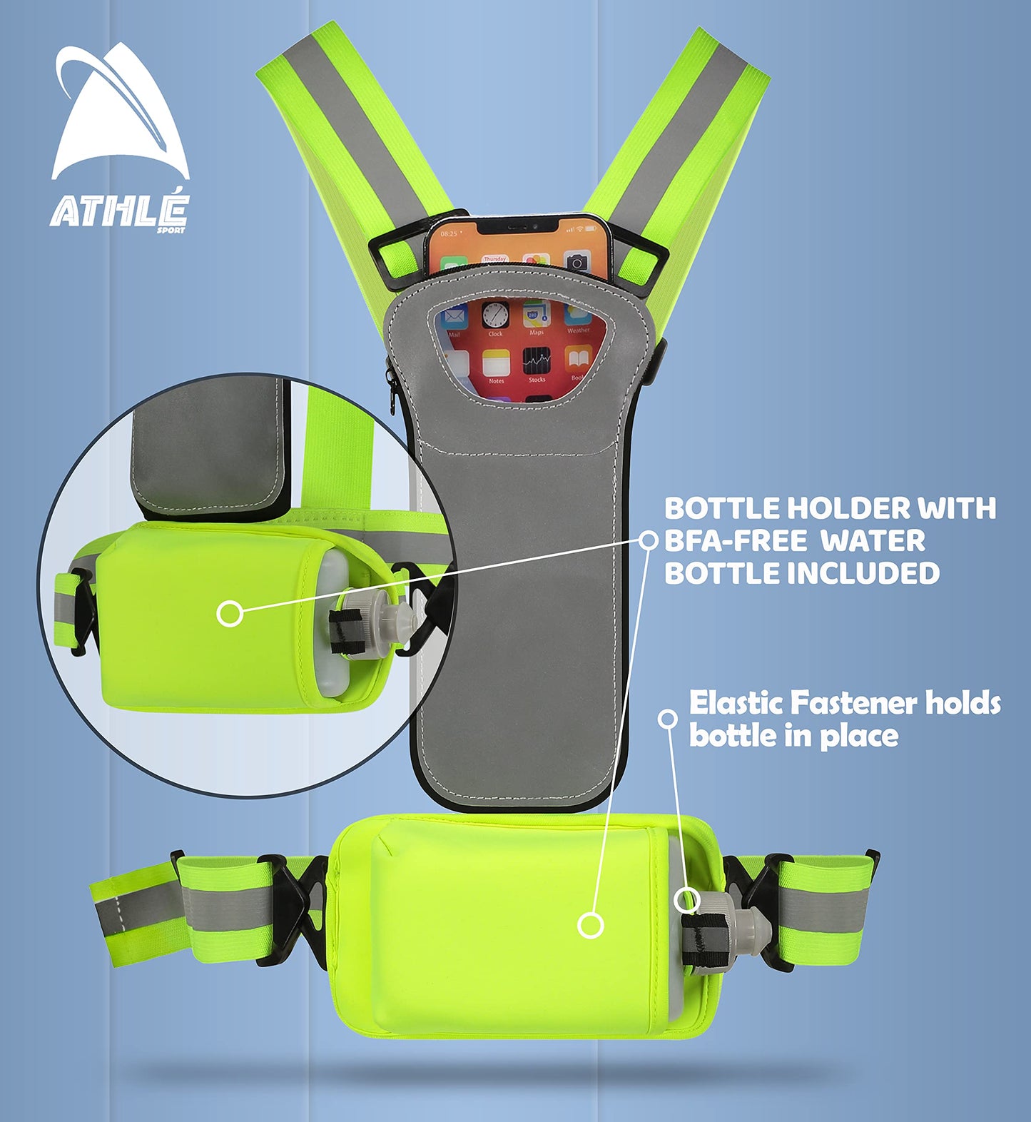 Athlé Reflective Vest with Water Bottle Holder and Phone Holder - Running Hydration Vest - High Visibility Vest - BPA-Free Water Bottle Included