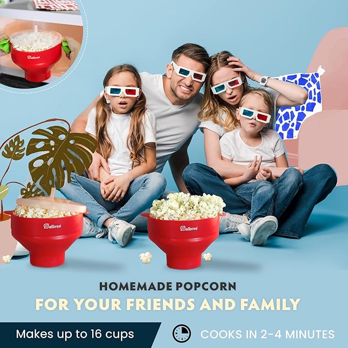 The Original Salbree Collapsible Silicone Microwave Popcorn Popper Maker Machine, Microwavable Bowl Holds 16 Cups, Uses Hot Air and Oil Always Optional - The Most Colors Available (Ruby Red)