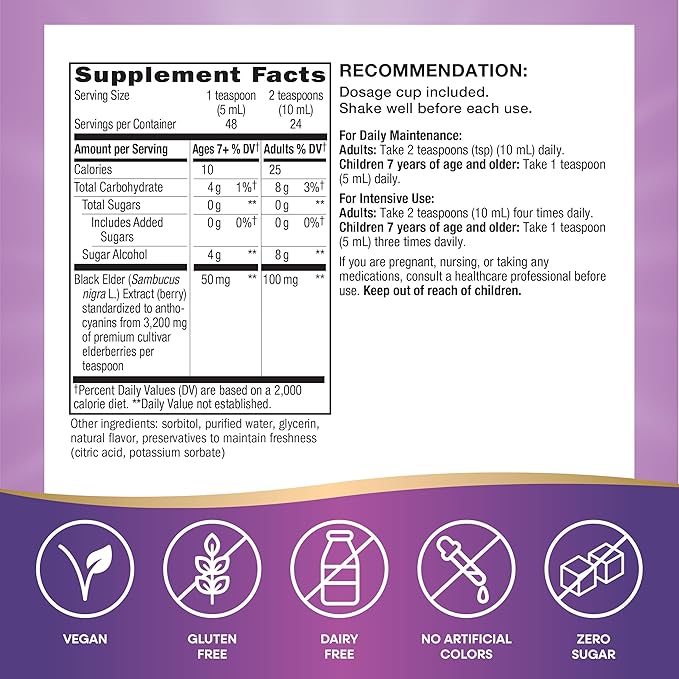 Nature’s Way Sambucus Zero Sugar Traditional Immune Syrup, Highly Concentrated Black Elderberry Extract, Traditional Immune Support*, Sugar-Free, Berry Flavored, 8 Fl Oz (Packaging May Vary)