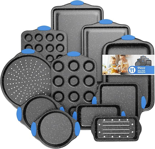 11-Piece Professional Stackable Baking Set, Oven-Safe Nonstick Cookware with Cool-Touch Handles - Features Cookie Sheet, Cake Pan, Muffin Tin, Pizza Stone & Bread Loaf Pan, Black&Blue
