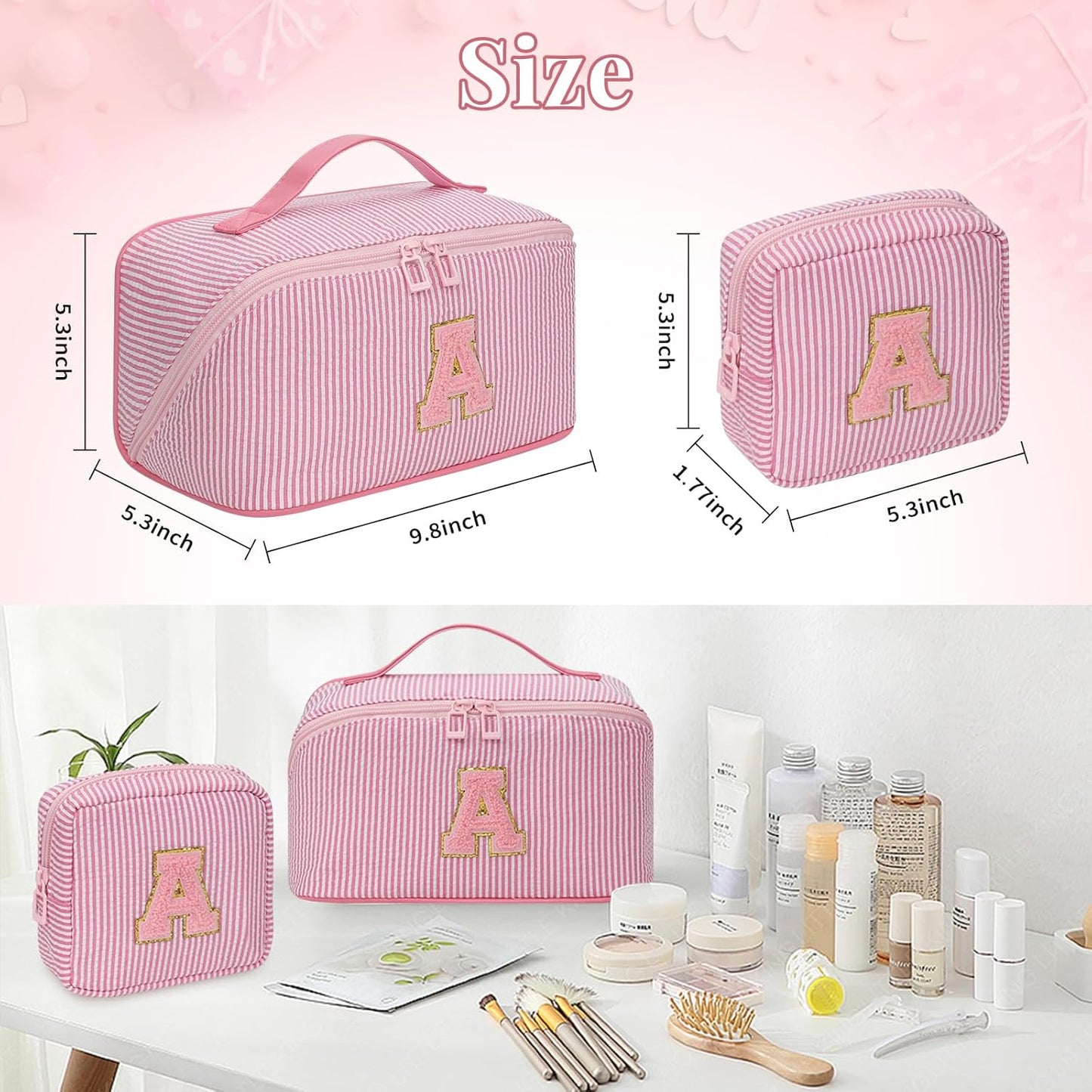 Travel Makeup Bag for Women, 2Pcs Portable Personalized Initial Makeup Organizer Bag, Open Flat Large Cosmetic Bag With Travel Essential Pouch (Pink Letter O)