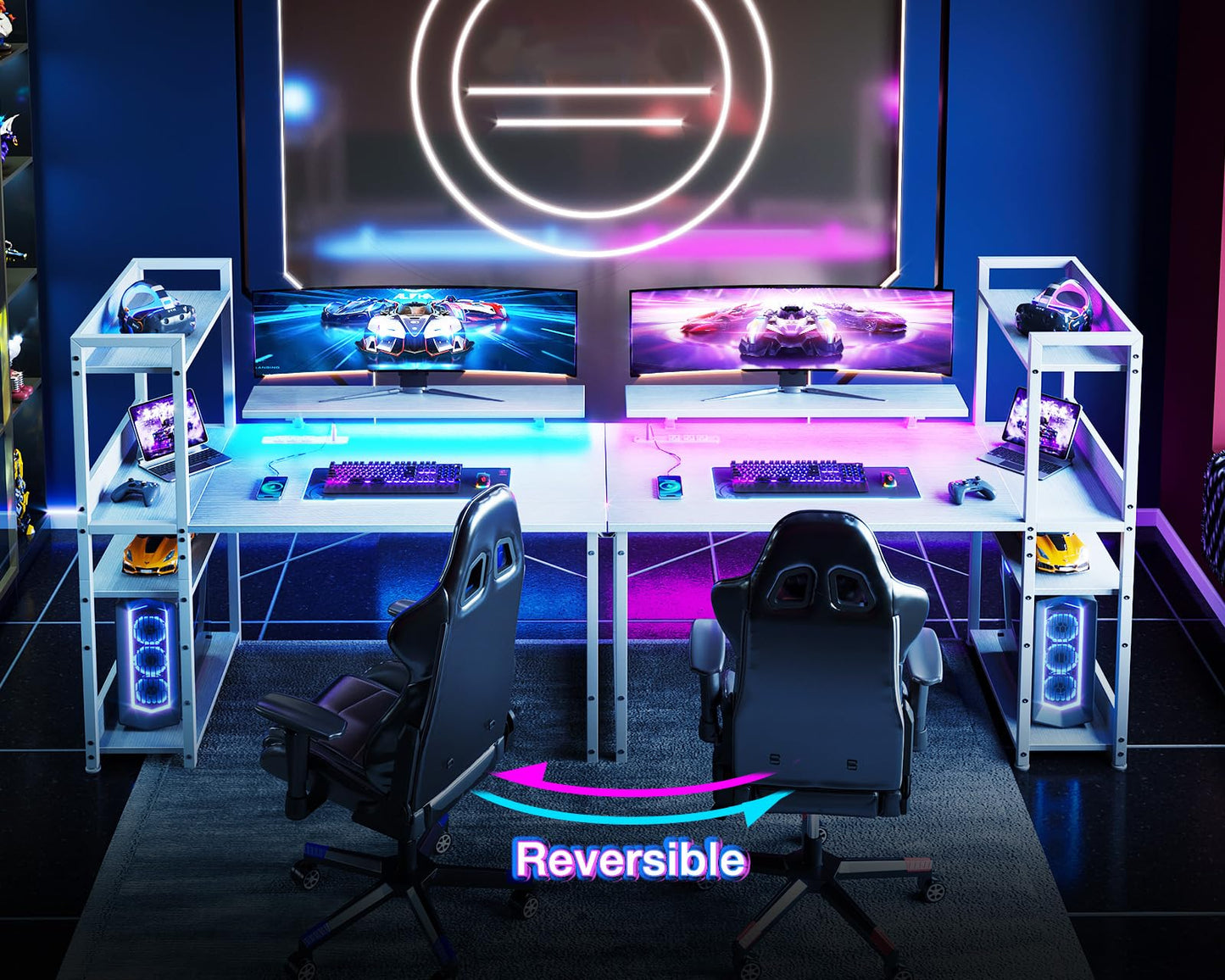 ODK Reversible Gaming Desk with USB Charging Port and LED Lights, 40 Inch Computer Desk with Storage Shelves & Monitor Stand, Writing Study Table for Home Office, Small Space Bedroom, White