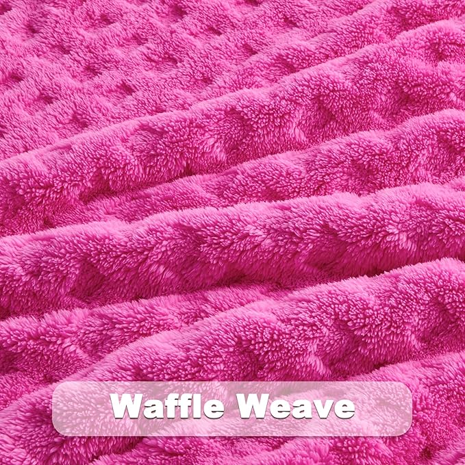 NEWCOSPLAY Super Soft Queen Blanket Pink Premium Silky Flannel Fleece 3D Waffle Checkered Lightweight Bed Blanket All Season Use (Hot Pink, Queen(90"x90"))