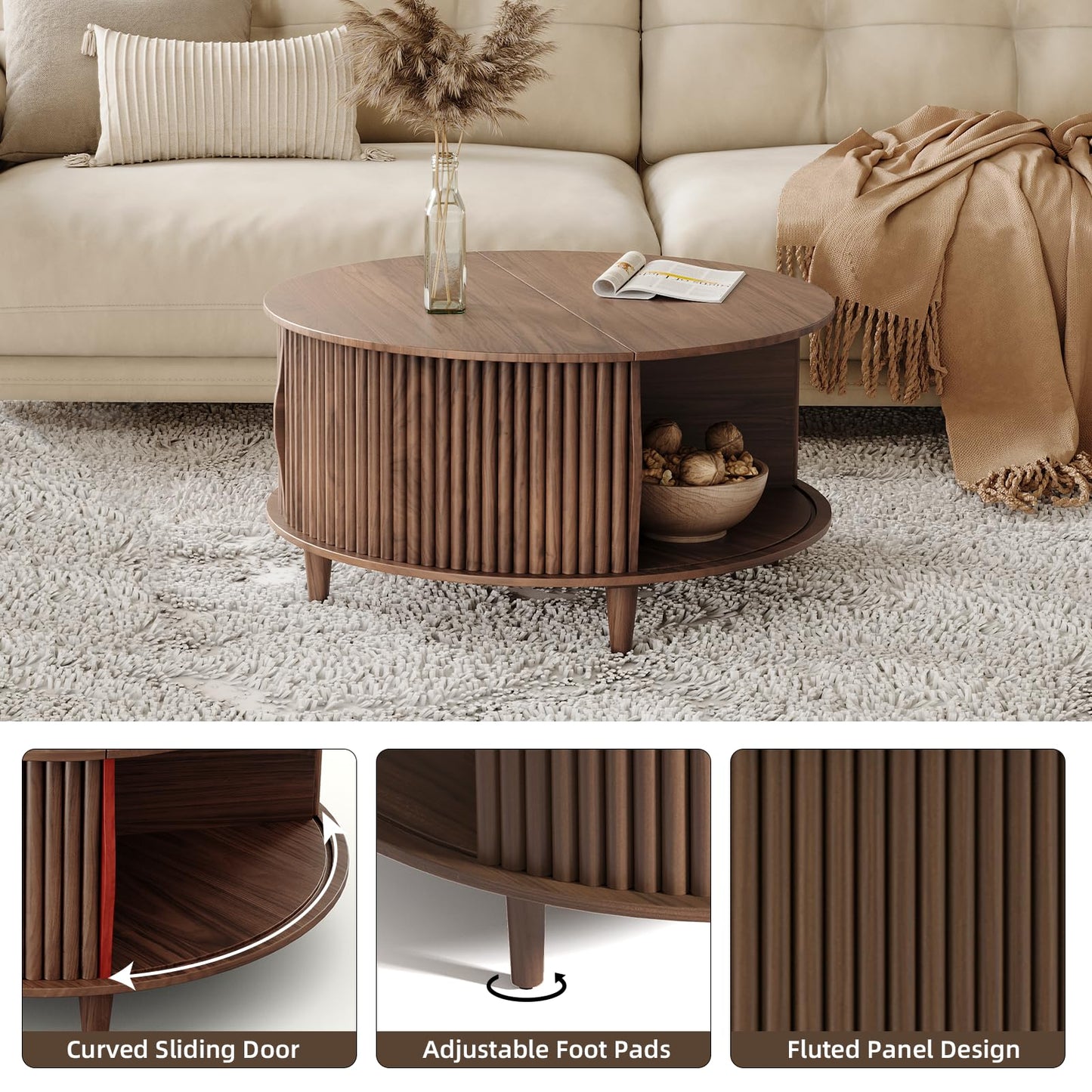 JOINICE,Round Coffee Table with Storage,Fluted Center Table with Sliding Cabinet Door for Living Room,Home Small Space,31.5" Small Center Table,Walnut