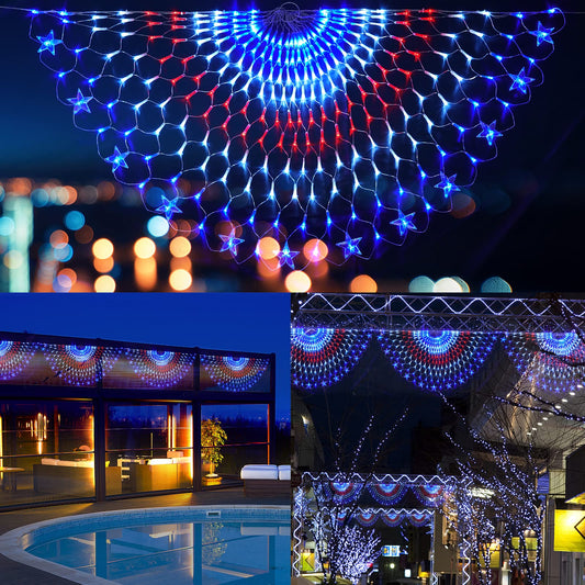 Family Patriotic American Flag String Lights - 250 LED Half Fan Shaped Outdoor Waterproof Lights, 4th of July Decorations, Independence Day, Memorial Day, USA 2pcs