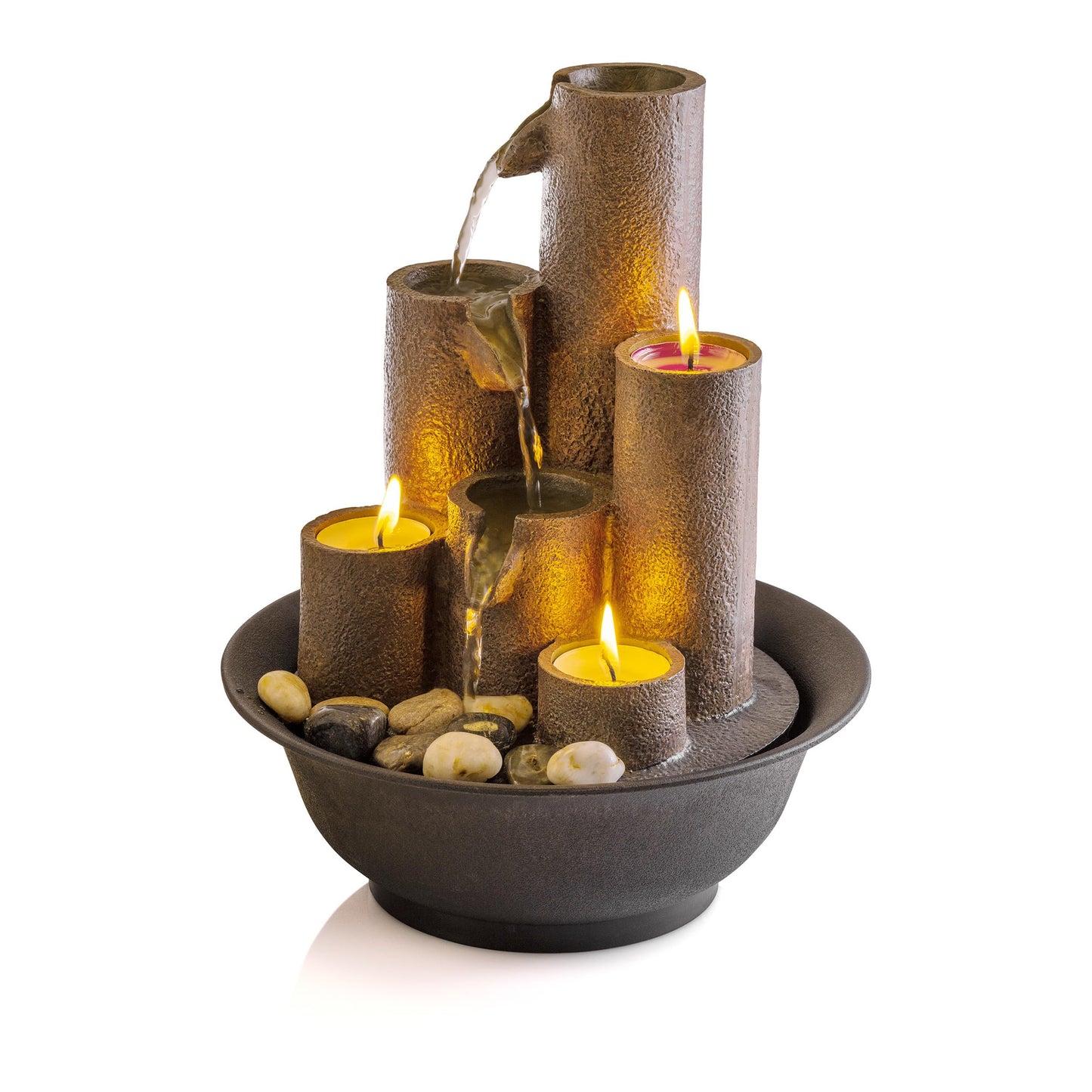 Alpine Corporation WCT202 Indoor Tabletop Tiered Water Fountain Featuring 3 Candles for Desktop and Table, 11", Brown