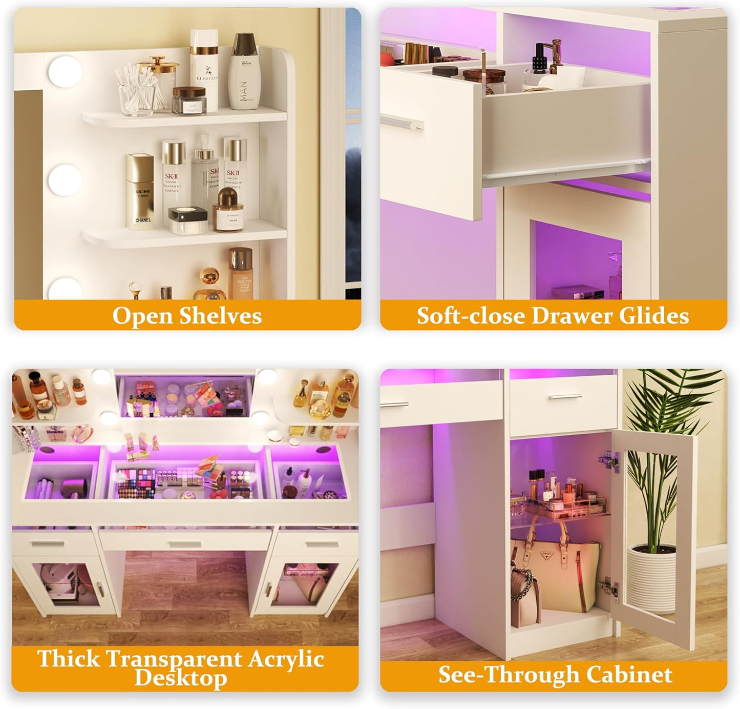 HUAHUUU Vanity Desk, Makeup Vanity Desk with Mirror and Lights 3 Colors, Transparent Top with 3 RGB Drawers, 6 Shelves, 2 Large Tempered Cabinets, Power Outlet, for Bedroom, White