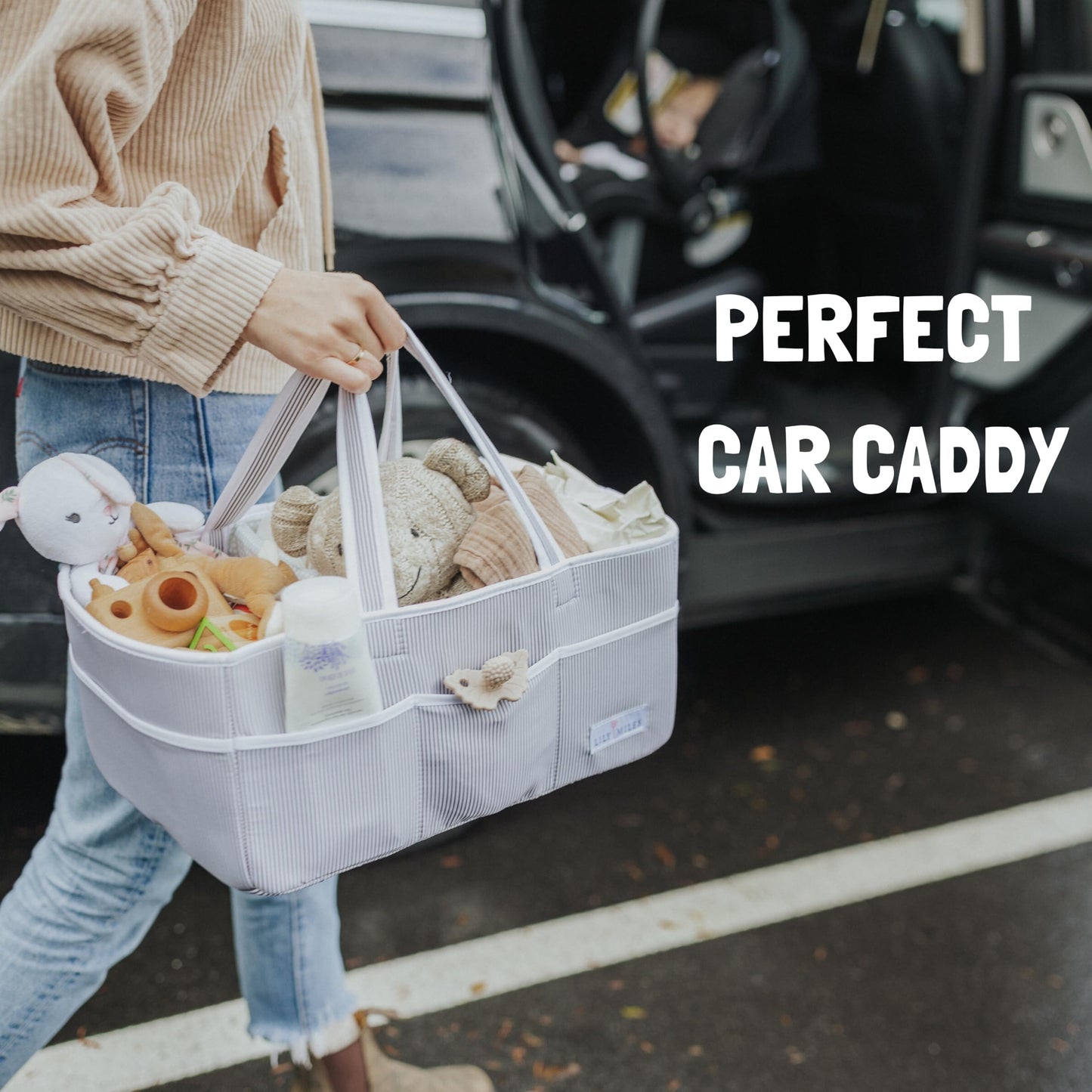 Lily Miles Baby Diaper Caddy - Organizer Tote Bag for Baby Girl Essentials - Baby Shower Basket - Nursery Must Haves - Registry Favorites - Newborn Caddie Car Travel - Gray/Blush, Extra Large
