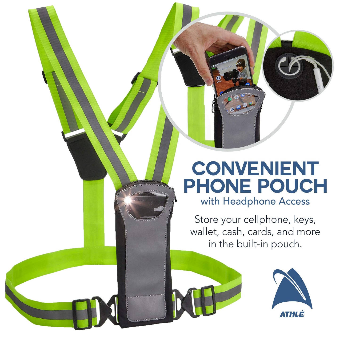 Athlé Reflective Vest and Bands with Phone and Storage Pouch, Adjustable Stretch Waist Belt - Neon Yellow Straps - High Visibility Safety Gear for Running, Jogging, Biking, and Hiking