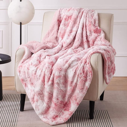 Bedsure Sherpa Blanket - Soft, Fuzzy & Fluffy Faux Fur - Warm, Cozy Throw Blanket for Couch, Sofa and Bed, Tie Dye Design, Pink, 50x60 Inches