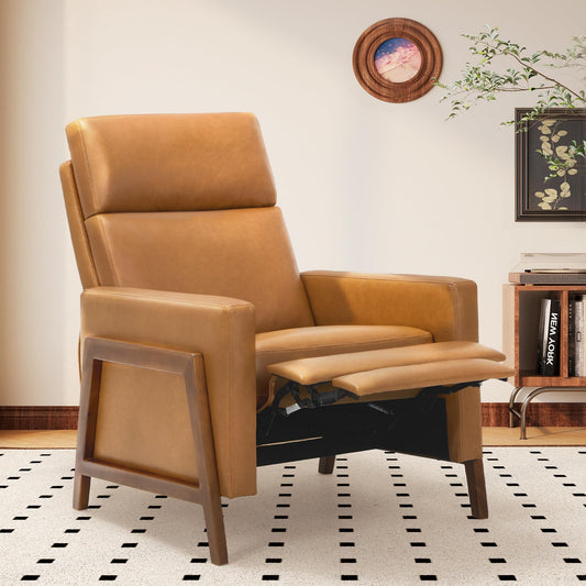 COLAMY Push Back Recliner Chair, Upholstered Leather Recliner with Footrest 118-150 Degree Adjustable, Comfy Modern Wingback Recliner for Living Room, Bedroom,Small Spaces,Camel