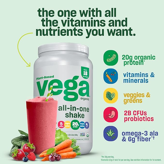 Vega Organic All-in-One Vegan Protein Powder, French Vanilla -Superfood Ingredients, Vitamins for Immunity Support, Keto Friendly, Pea Protein for Women & Men, 13.5 oz (Packaging May Vary)