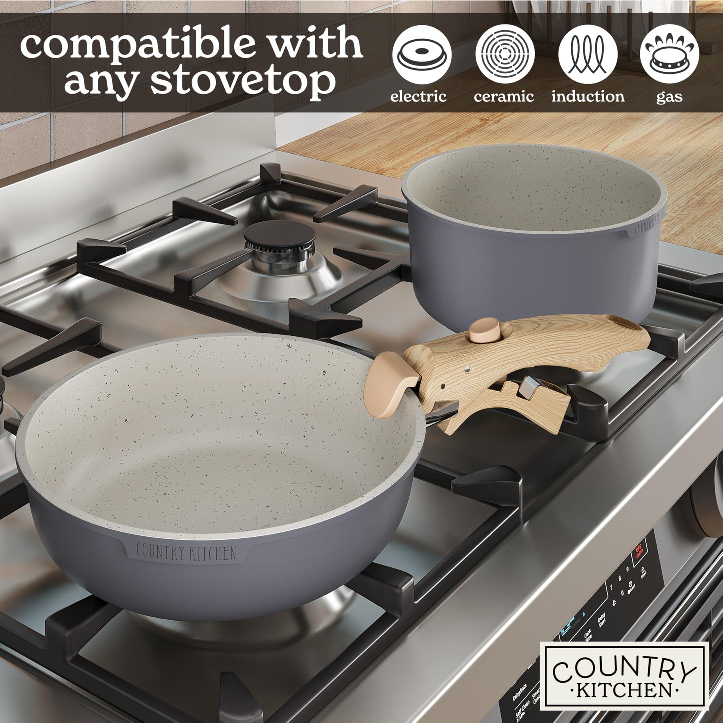 Country Kitchen Cookware Set with Removable Handle, Oven & RV Safe Pots and Pans Set, Grey/Ivory Wood Handle, Original