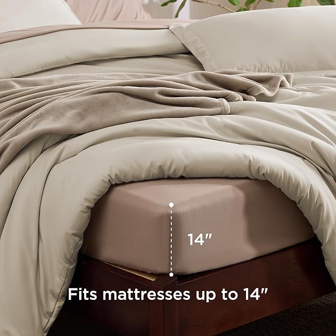 Bedsure Queen Comforter Set Beige, 8 Pieces Prewashed Queen Size Bed in a Bag with Soft Fleece Bed Blanket, Down Alternative Bedding Set for All Seasons, Sheets, Pillowcases & Shams