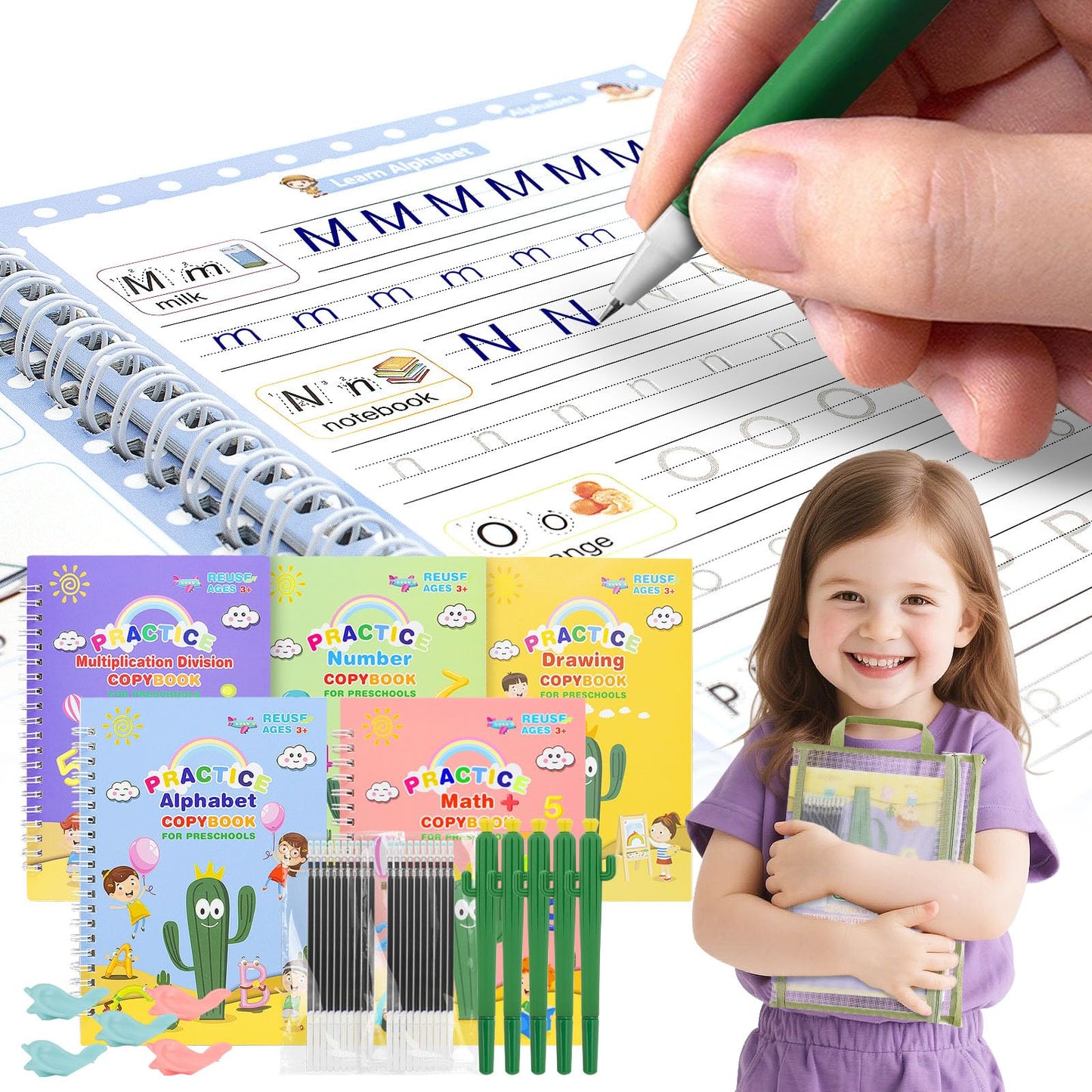 Magic Practice Copybook, Reusable Writing Practice Book, Grooved Handwriting Copybook Set for Preschool Kids Age 3-8 Calligraphy 5.7 * 7.9 inch (5 PCS with 5 Cactus Pens & A Storage Bag)