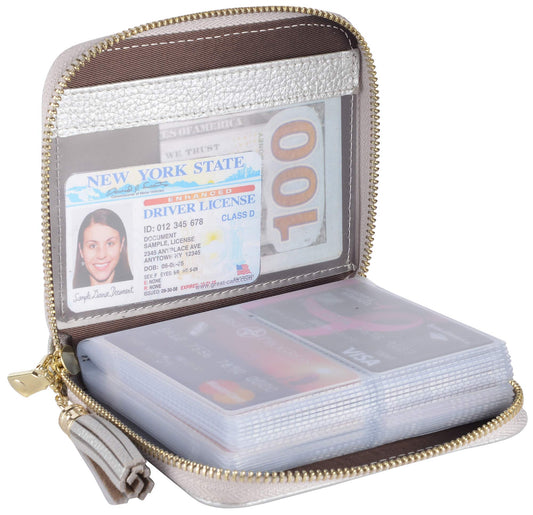 Easyoulife Womens Credit Card Holder Wallet Zip Leather Card Case RFID Blocking (Silver)