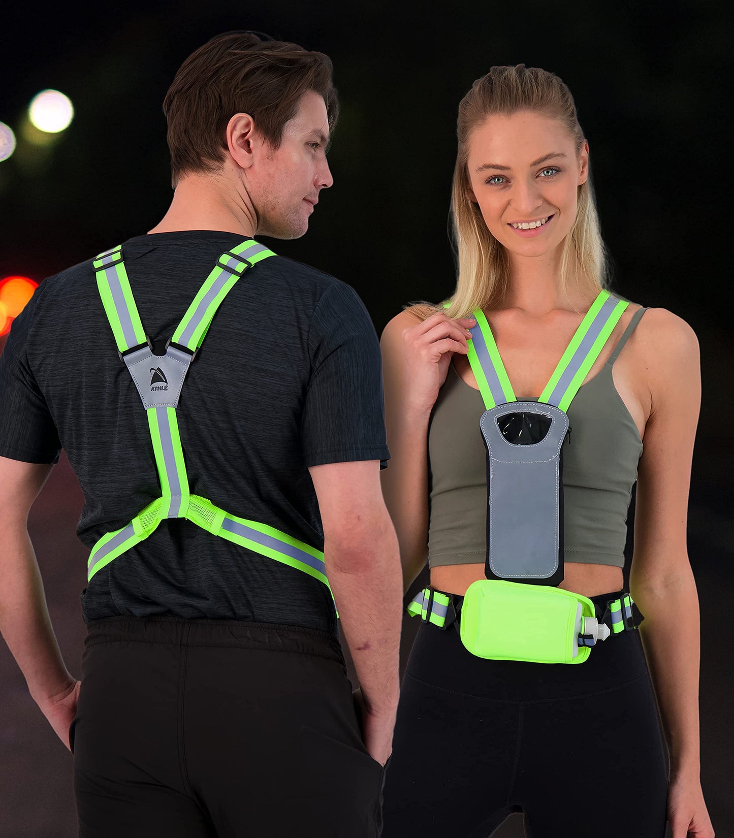 Athlé Reflective Vest with Water Bottle Holder and Phone Holder - Running Hydration Vest - High Visibility Vest - BPA-Free Water Bottle Included