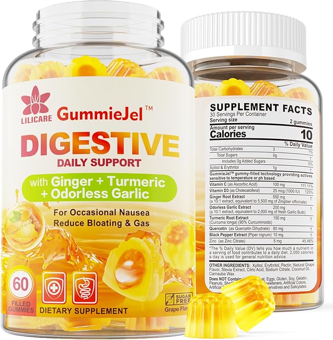 Ginger Chews Supplement Gummies for Nausea, Stomach Relief & 5HTP Gummies for Adults & Kids 8+ with GABA + Magnesium Glycinate