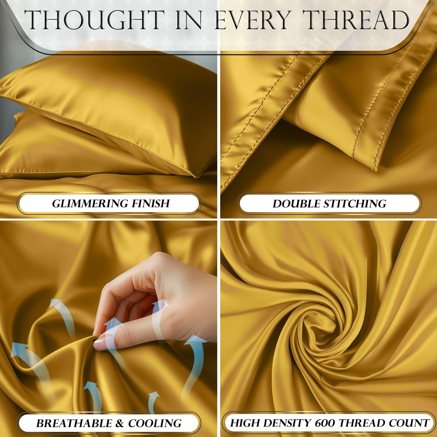 DECOLURE Satin Bed Sheets - 4 Piece Luxury Silky Queen Size Bedding Set - Softer Than Silk, Wrinkle-Free with 15” Deep Pocket Fitted Sheet, Perfect for Hair & Skin, Gifts for Women (Gold)