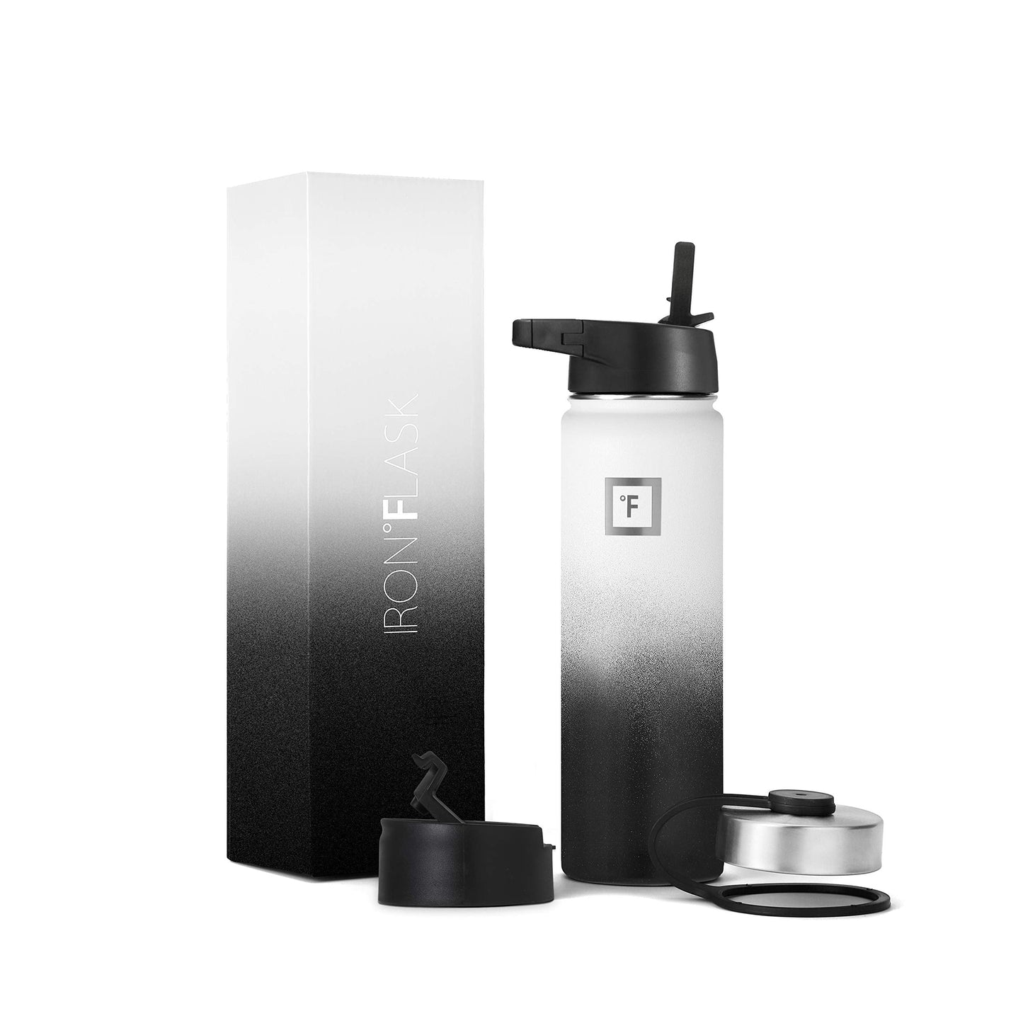 IRON °FLASK Camping & Hiking Hydration Flask, Wide Mouth, 3 Straw Lids, Stainless Steel Outdoor Water Bottle, Double Walled, Insulated Thermos, Metal Canteen - Day & Night, 22 Oz