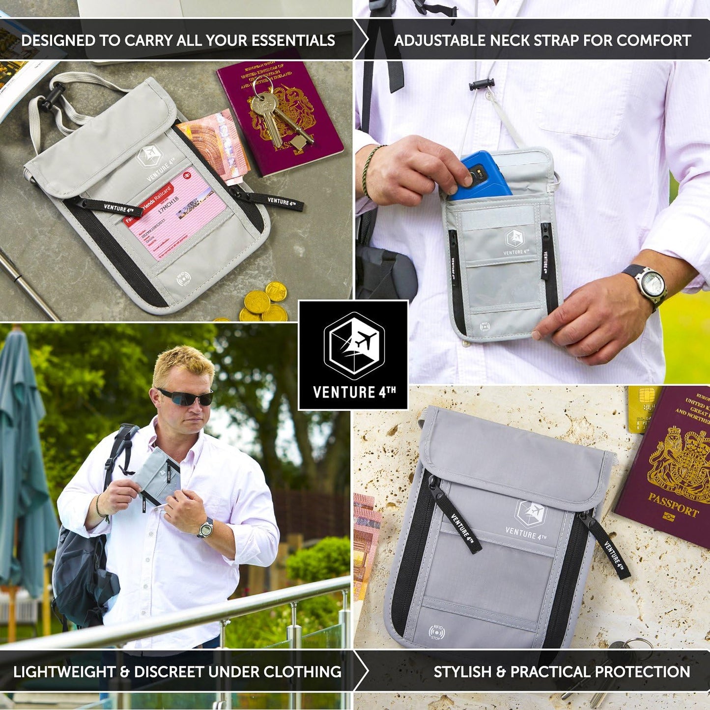 VENTURE 4TH Passport Holder Neck Wallet with RFID Blocking Nylon Lining - Hidden Neck Pouch for Travel (Silver)