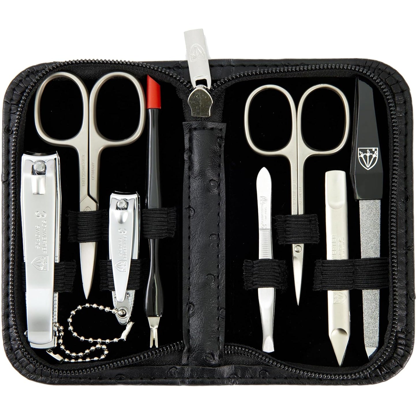3 Swords Germany – brand quality 8 piece manicure pedicure grooming kit set for professional nail care with synthetic leather case ostrich black - Made in Germany