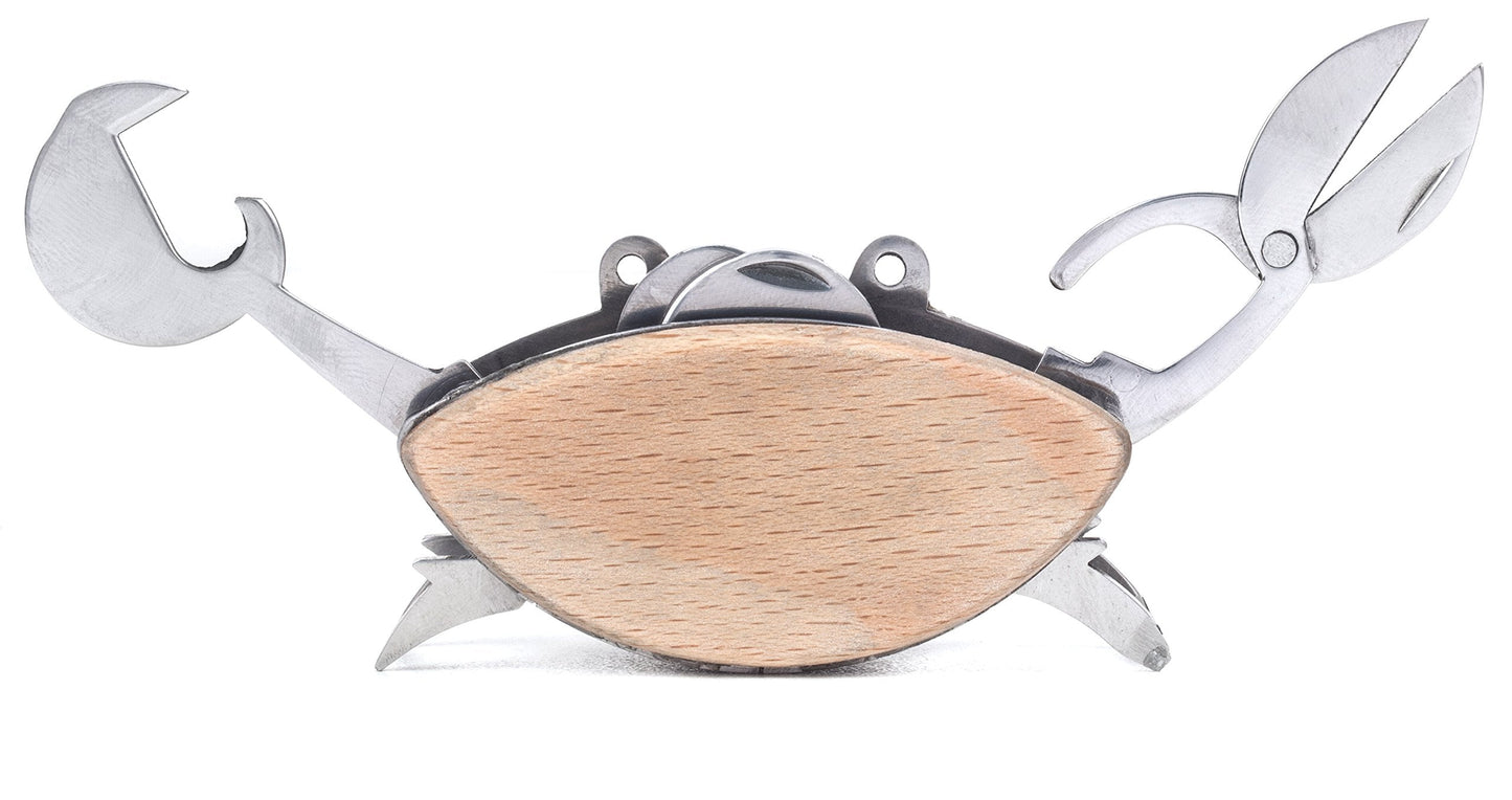 Kikkerland Stainless Steel Beechwood Crab Compact EDC Multi Tool - 6 Tools
