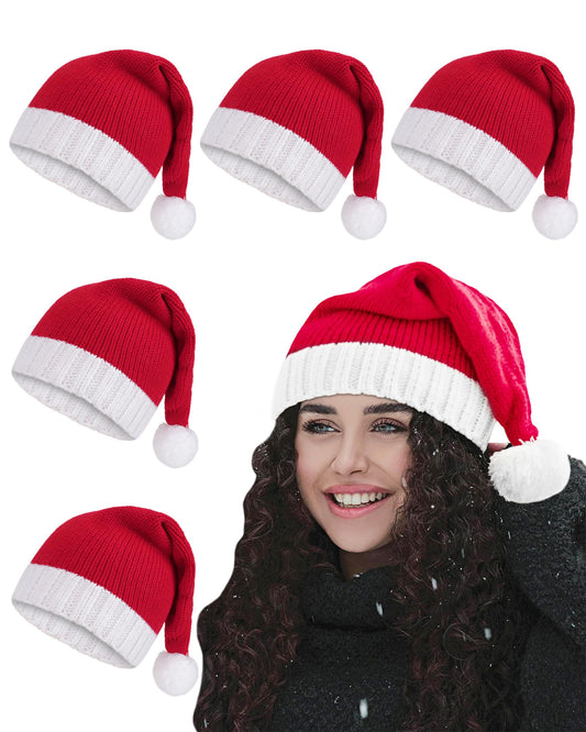 Aiphamy 5 Pcs Knitted Santa Hat Christmas Beanie Hat with Pom Pom Xmas Holiday Party Stocking Cap for Adults, Red