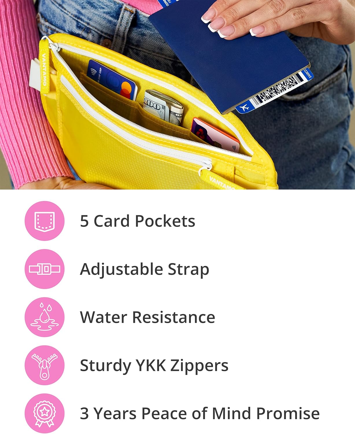 Vantamo Hidden Money Belt For Extra Safety, RFID Ultra-Thin Fanny Pack, 2 Compartment Money Bag Fits Passport & Phone