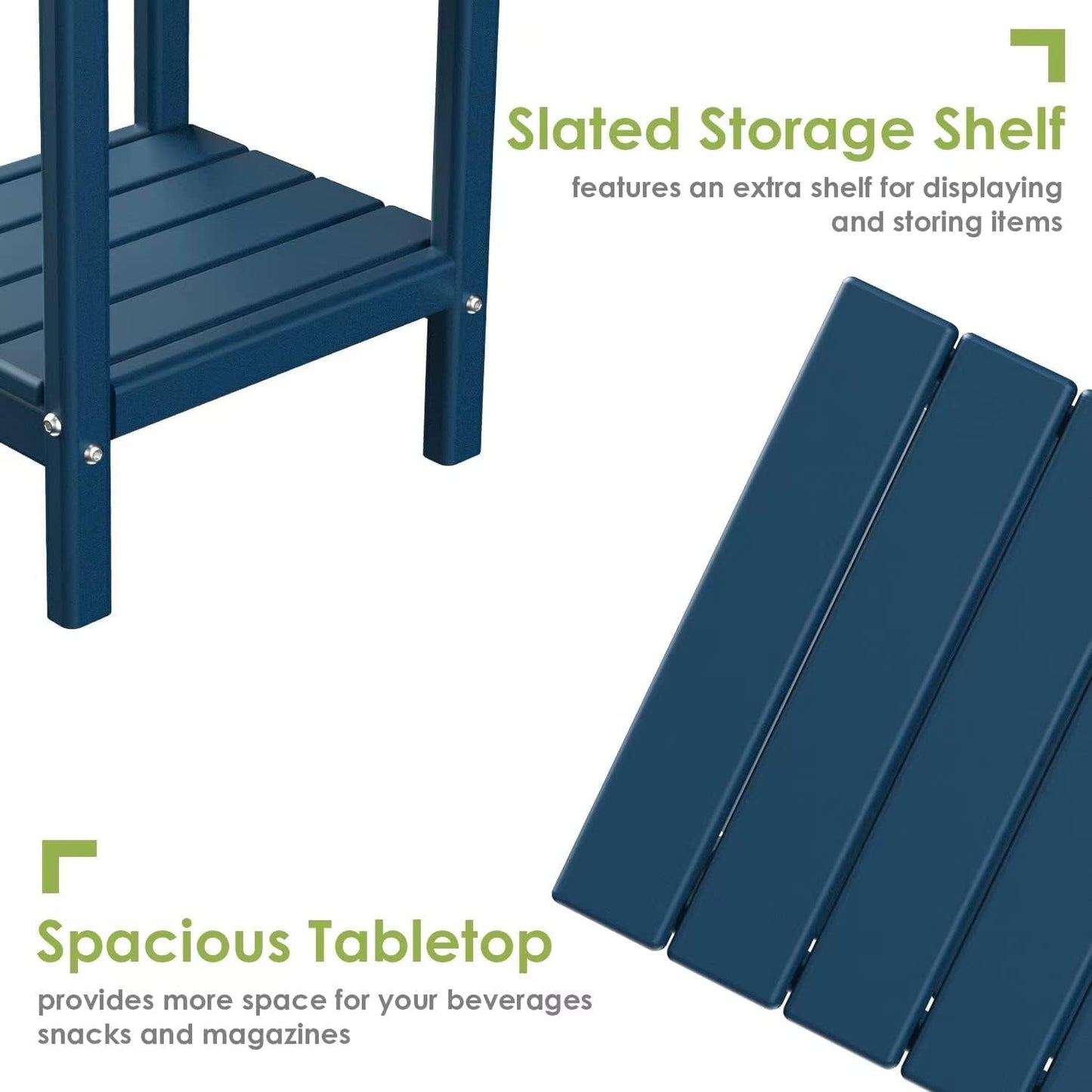 VibrantEcho Adirondack-Outdoor-Side-Table | 14 x 13 Inches | HDPE Plastic | All Weather | Blue | Outside End Tables | Storage Shelf | for Patio Porch Backyard Indoor