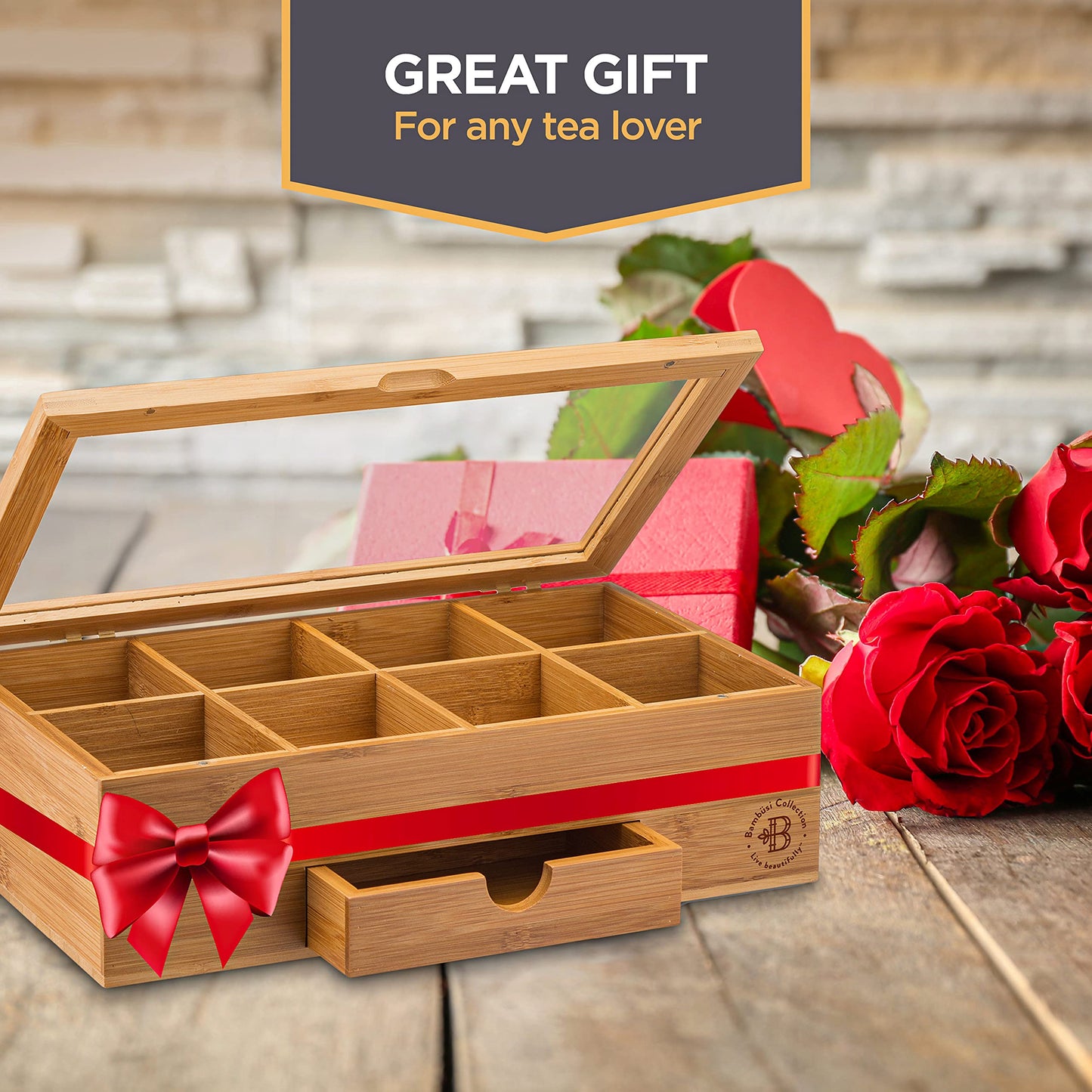 Tea Bag Organizer - Bamboo Tea Box Storage with Drawer & Acrylic Window, Tea Organizer Holder, Tea Bag Holder, Tea Storage Box, Tea Box Organizer, Holiday Gift Idea for Home Kitchen (Tea Not Included)