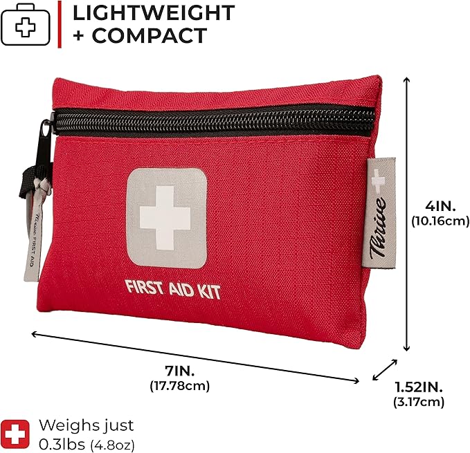 Thrive Travel Essentials Mini First Aid Kit - 66 FSA HSA Approved Products Includes Multi-Sized Bandage, Wipes, Safety Pins, and More (Pouch)