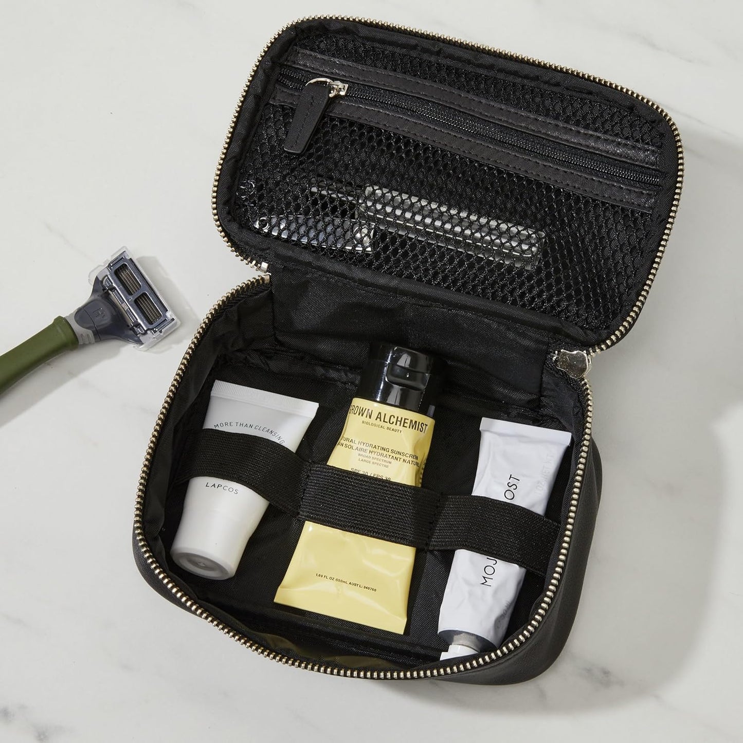 Leatherology Black Onyx Leatherology Small Travel Organizer - Zipped mesh storage pocket, elastic loops for organization, compact travel size