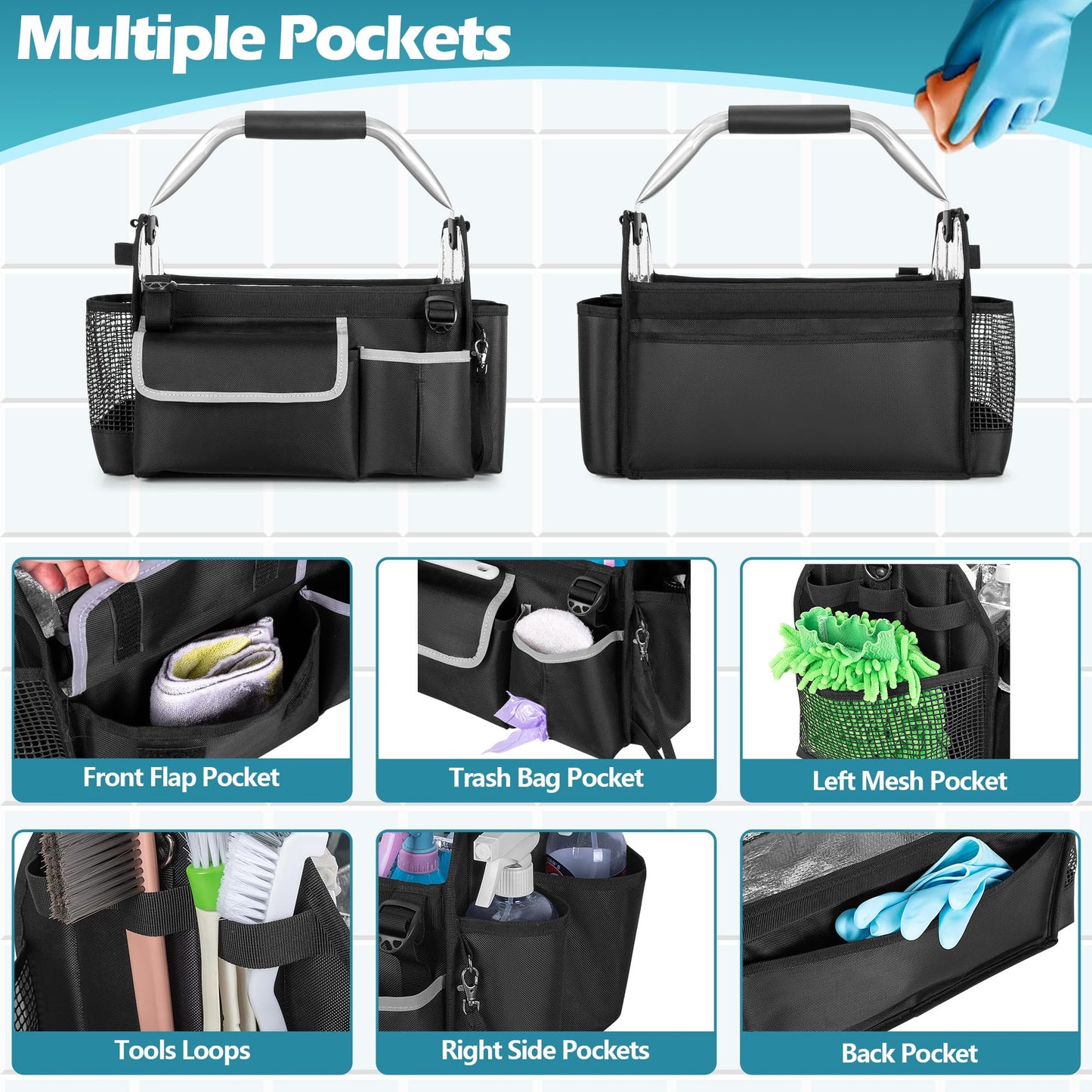 HODRANT Wearable Cleaning Caddy Organizer, Cleaning Supplies Bag with Divider & Support Pad, Cleaner Tote with Handle & Detachable Shoulder Strap, Housekeeping Storage Box with Multi Pockets, Bag Only